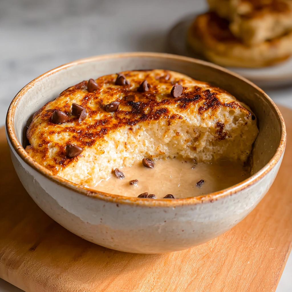 A close-up of a baked protein pancake bowl topped with chocolate chips and a creamy sauce.