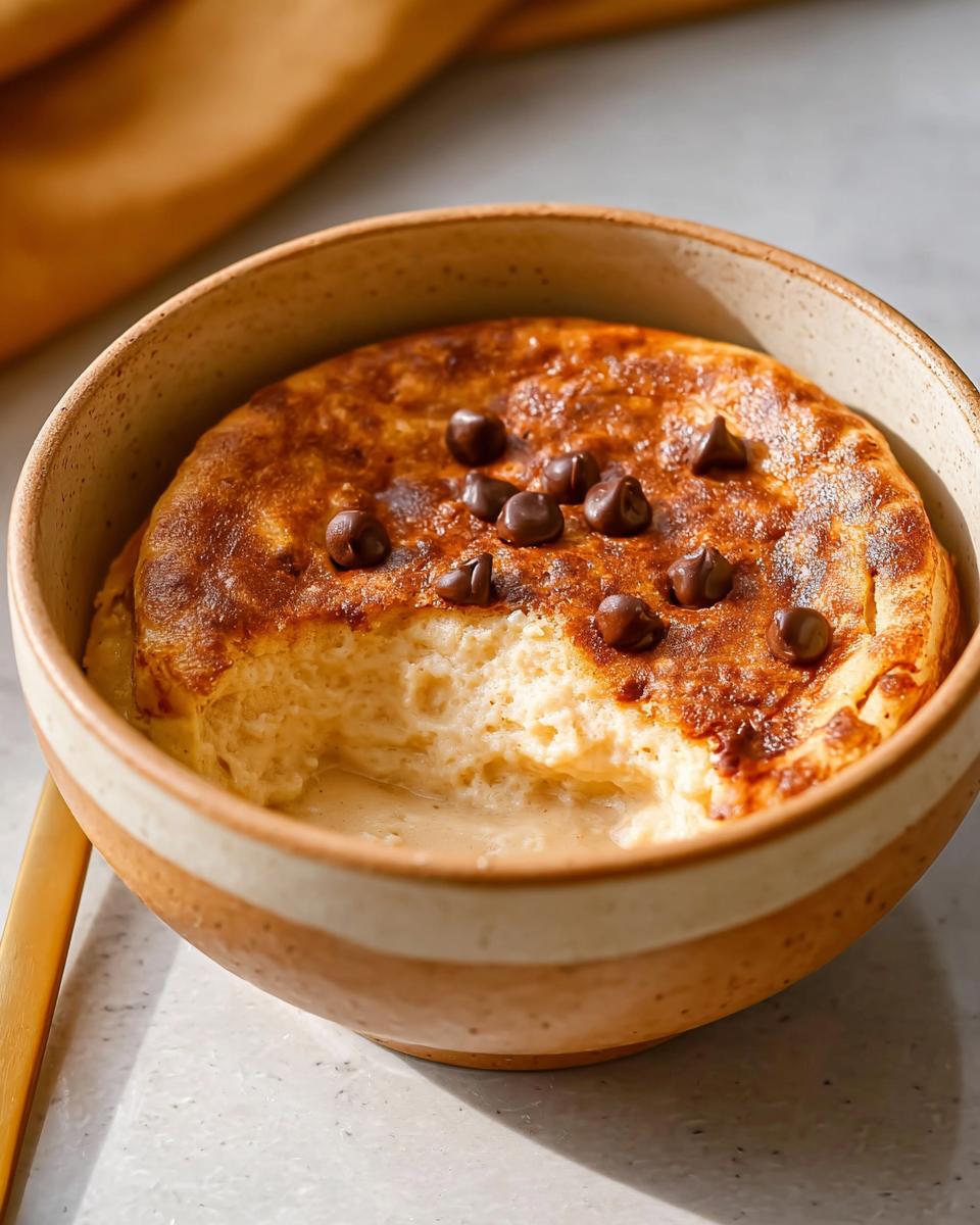 A close-up of a baked protein pancake bowl topped with chocolate chips, with a bite taken out.