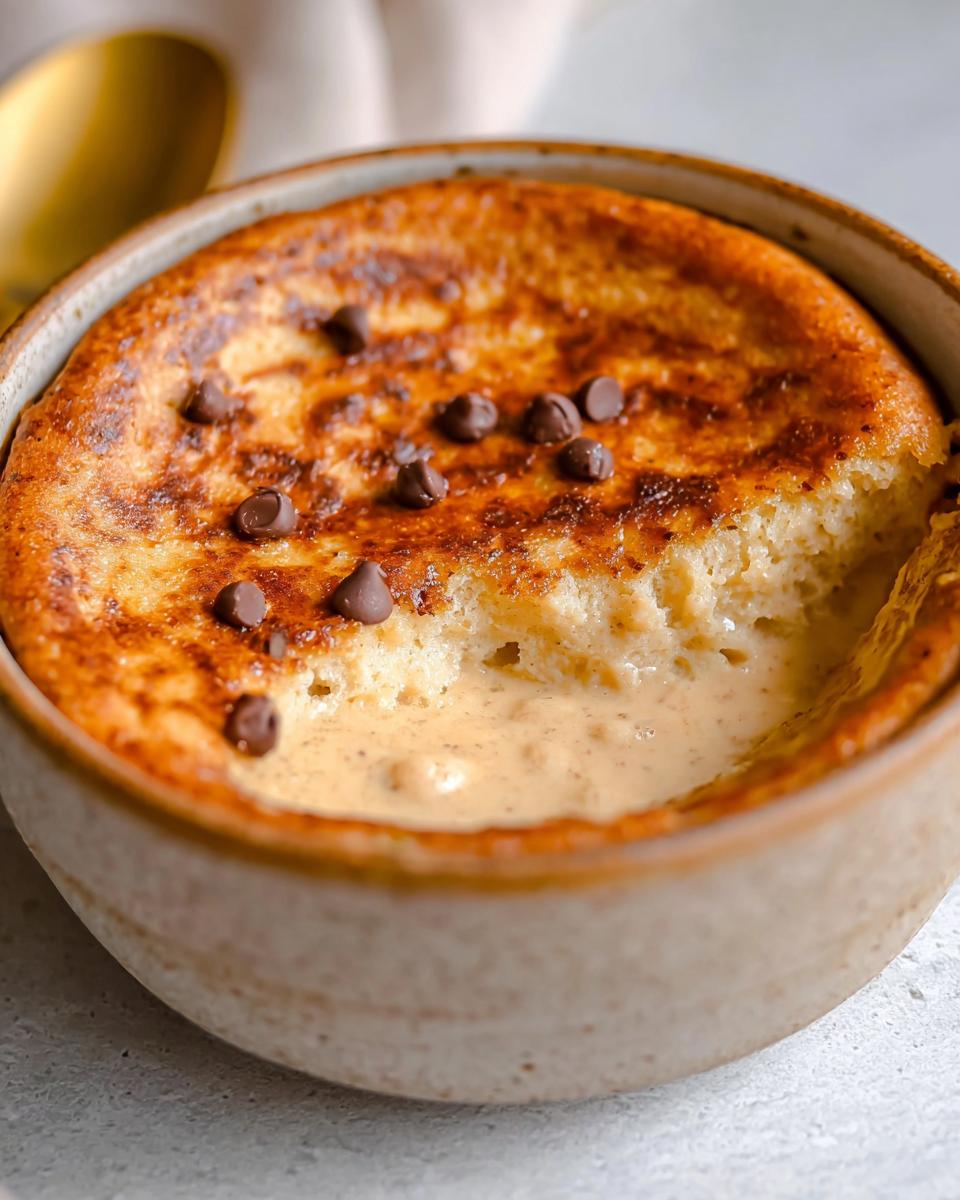 Close-up of a baked protein pancake bowl topped with chocolate chips and a creamy center.