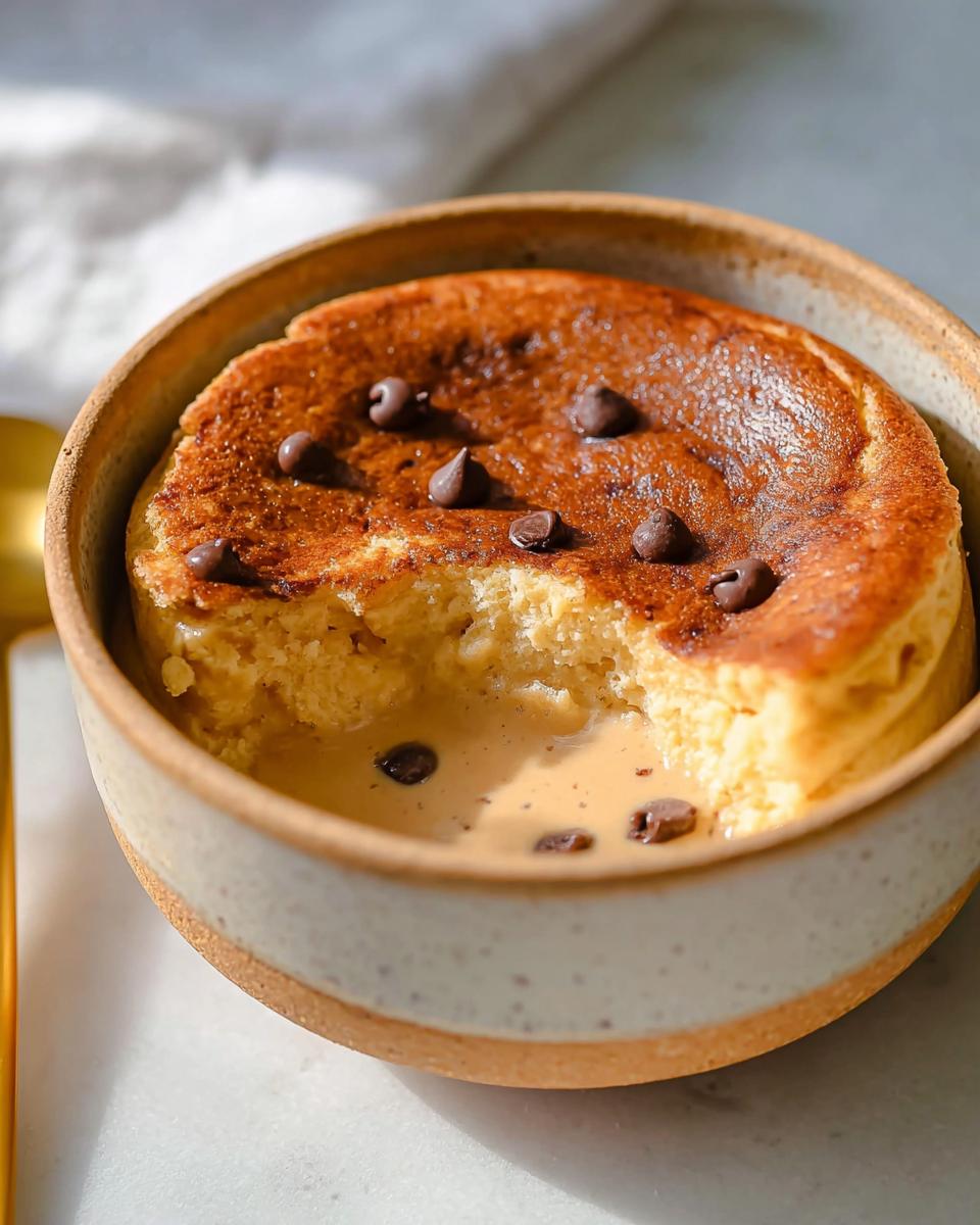A bite taken out of a fluffy baked protein pancake bowl topped with chocolate chips and served in a creamy sauce.