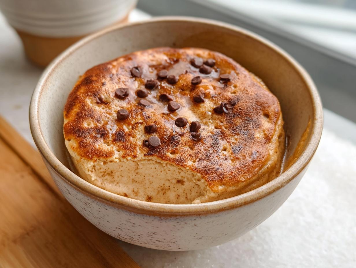 A single baked protein pancake bowl topped with chocolate chips and drizzled with syrup.