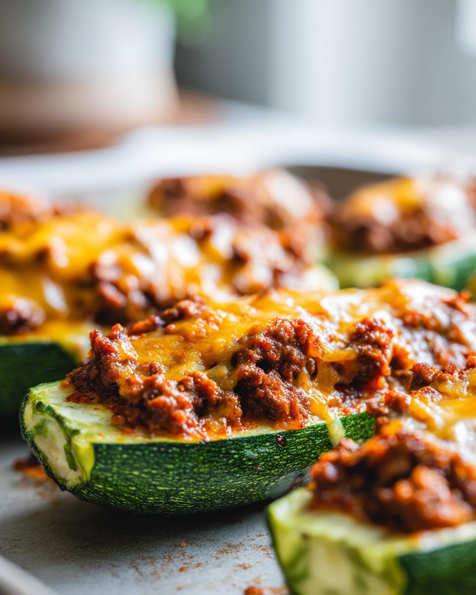Close-up of baked zucchini boats filled with seasoned ground beef and topped with melted cheese.