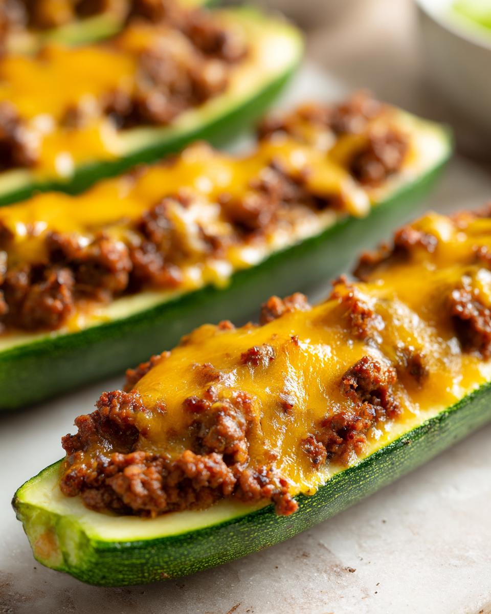 Close-up of baked zucchini boats filled with seasoned ground beef and melted cheddar cheese.