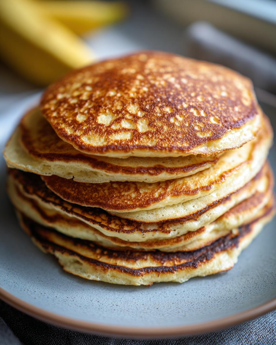 A tall stack of golden-brown banana oat pancakes on a plate, with a blurred banana in the background.