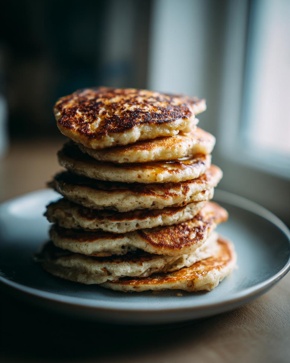 A tall stack of golden-brown banana oat pancakes on a plate, perfect for breakfast ideas.