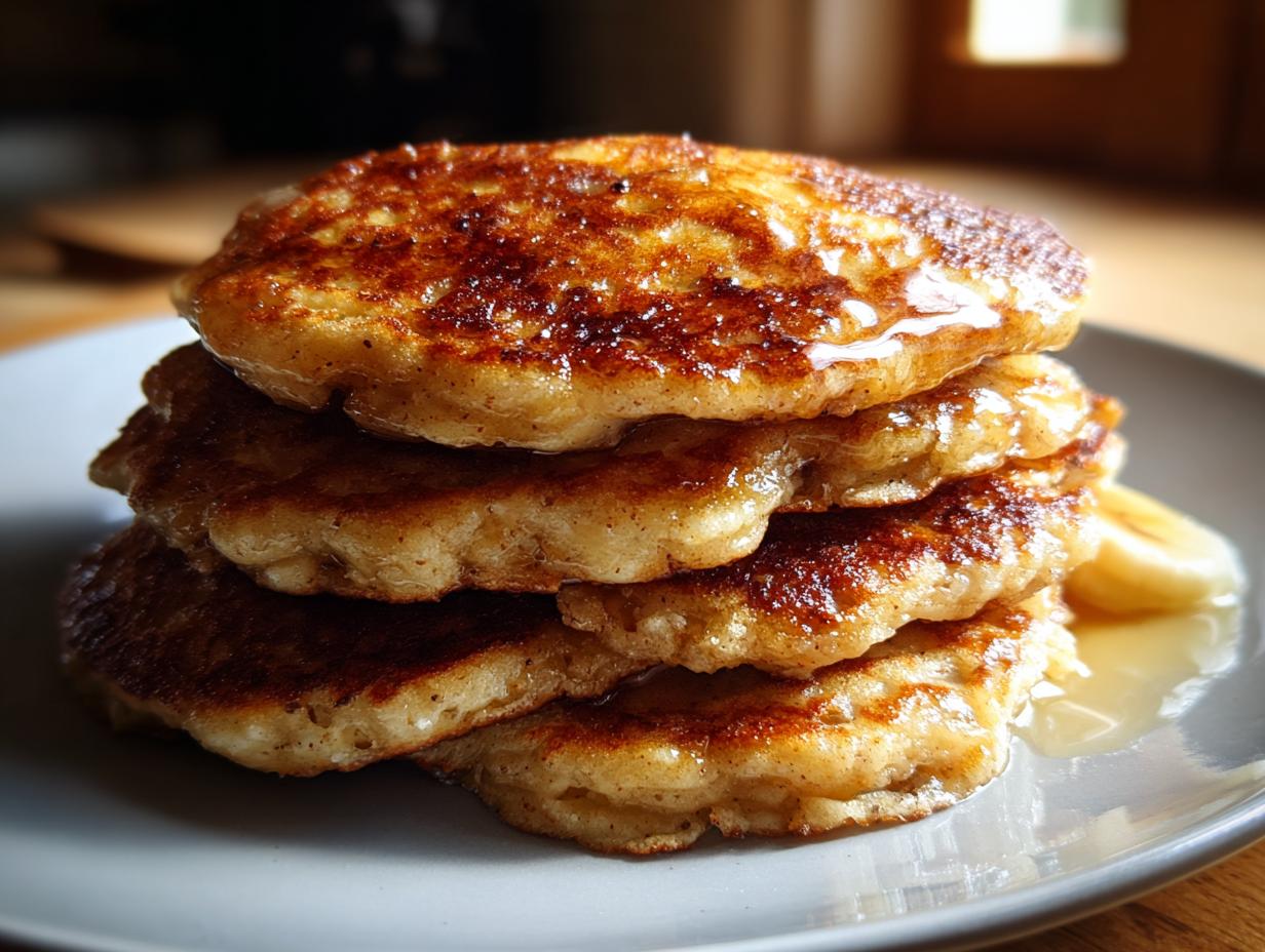 A stack of golden-brown banana oat pancakes drizzled with syrup, served on a plate with banana slices.