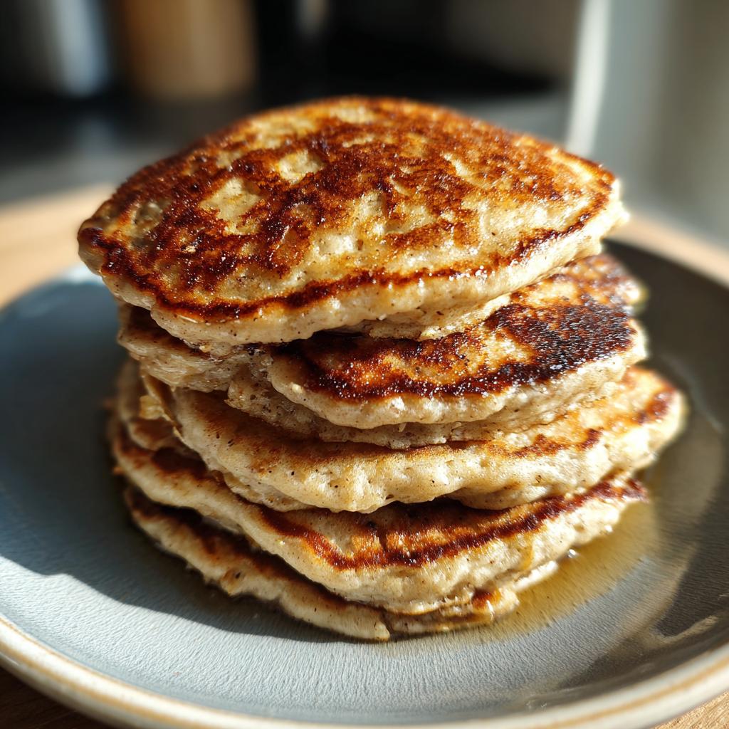 A close-up shot of a stack of fluffy banana oat pancakes, golden brown with slightly crisp edges.