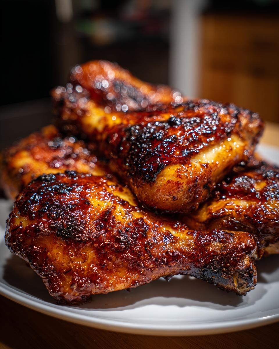 Close-up of juicy BBQ pineapple chicken drumsticks piled on a white plate, perfect for summer grilling recipes.