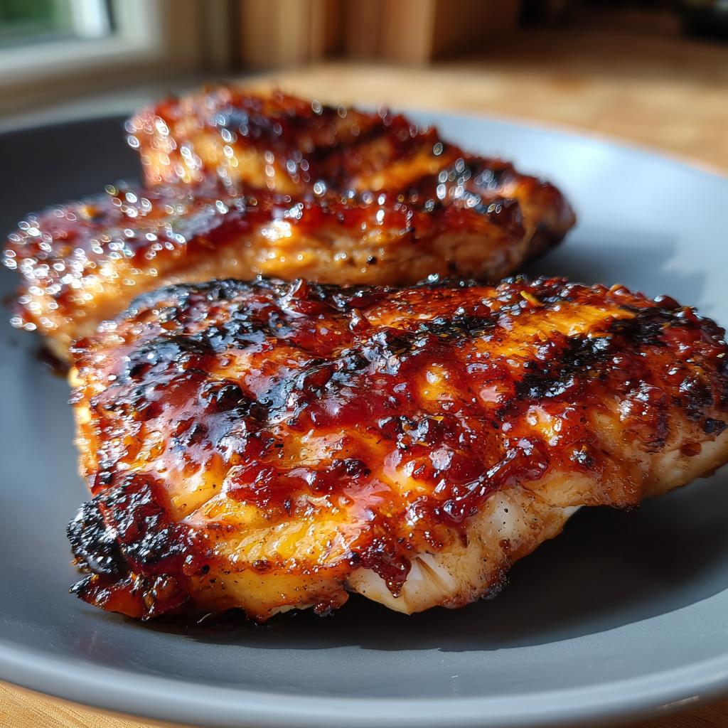Close-up of two juicy BBQ pineapple chicken fillets glazed with a dark, sticky sauce on a grey plate.