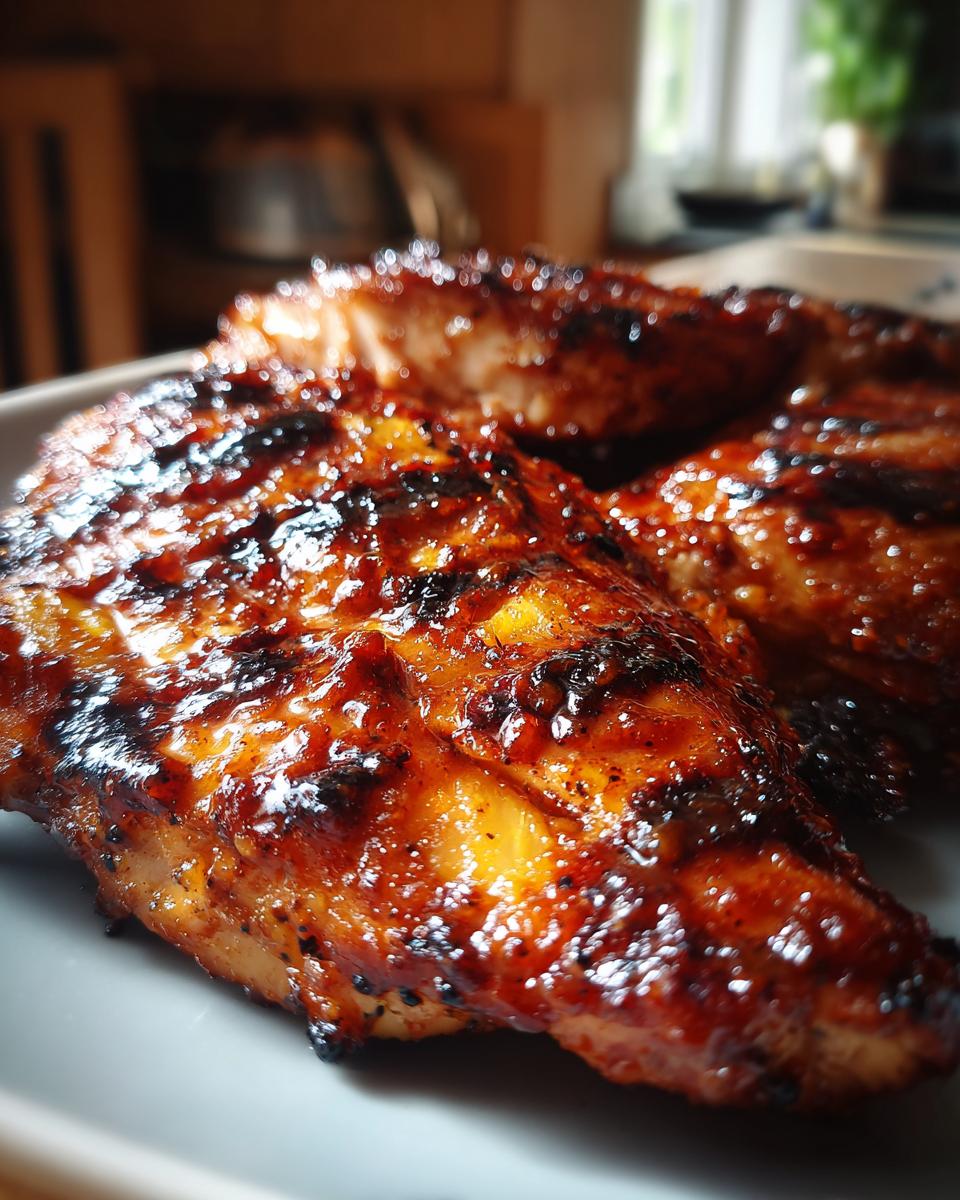 Close-up of juicy BBQ pineapple chicken, grilled to perfection with grill marks.