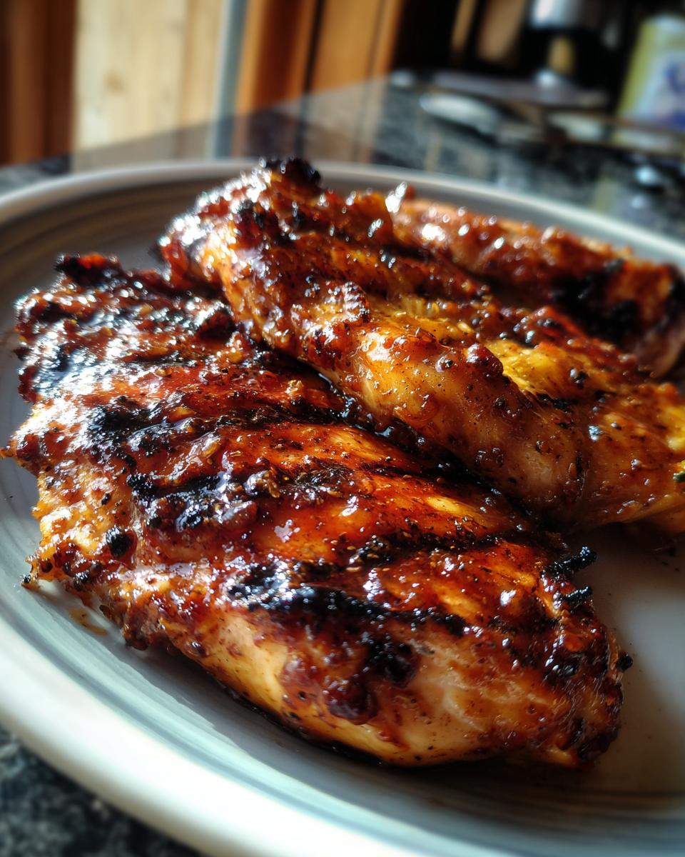 Close-up of juicy BBQ pineapple chicken breasts, grilled to perfection with char marks, served on a plate.