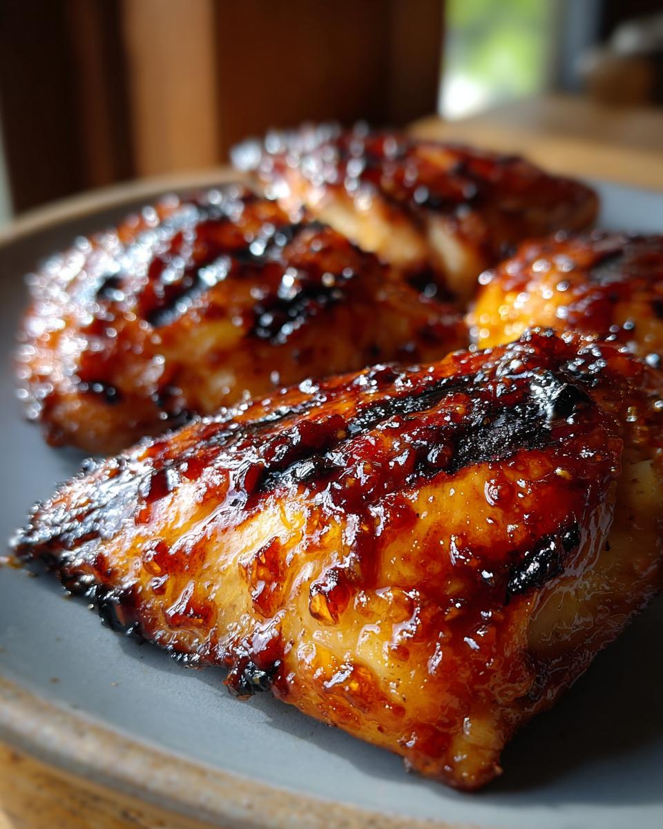 Close-up of glazed BBQ pineapple chicken pieces on a plate, perfect for summer grilling recipes.