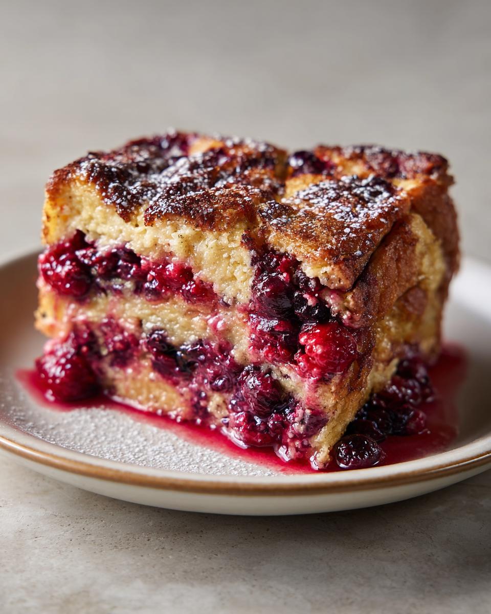 A slice of Berry French Toast Bake, a breakfast idea for weekend brunch, with layers of berries and custard-soaked bread.