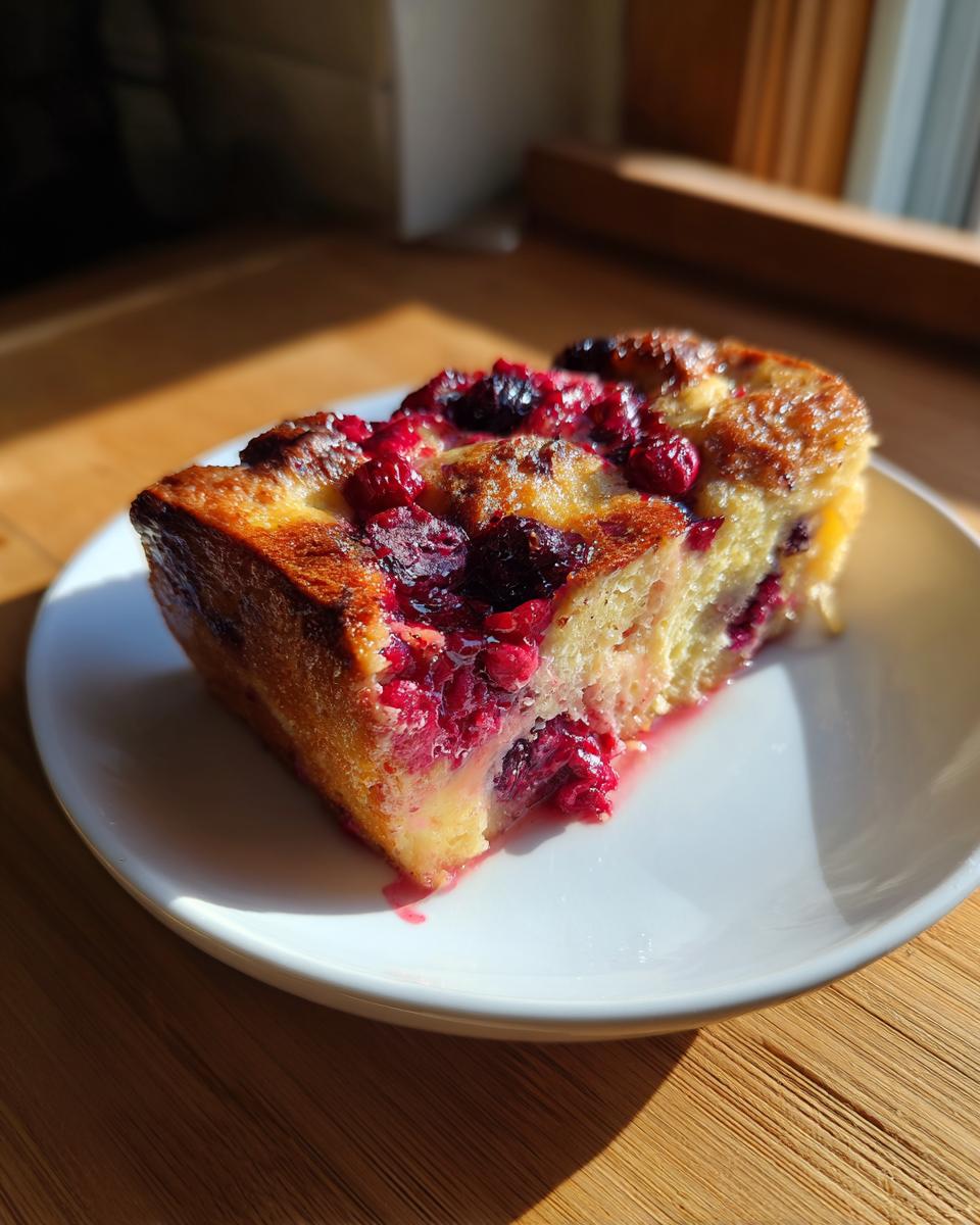 A delicious slice of Berry French Toast Bake, perfect for weekend brunch, on a white plate.