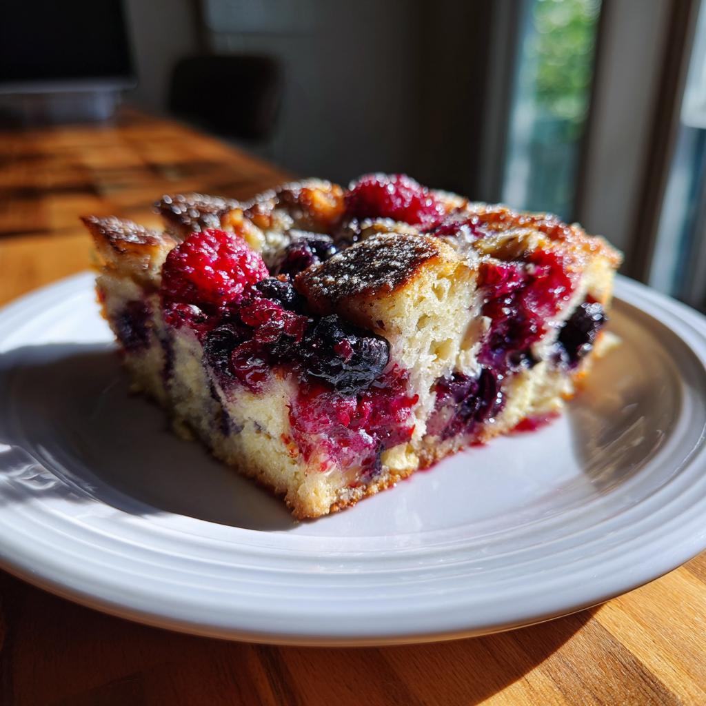 A slice of Berry French Toast Bake, a perfect breakfast idea for weekend brunch, topped with fresh berries.