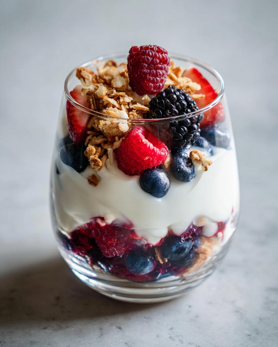 A layered yogurt parfait with fresh berries, yogurt, and crunchy granola, showcasing breakfast ideas that keep yogurt parfaits fresh and crunchy.
