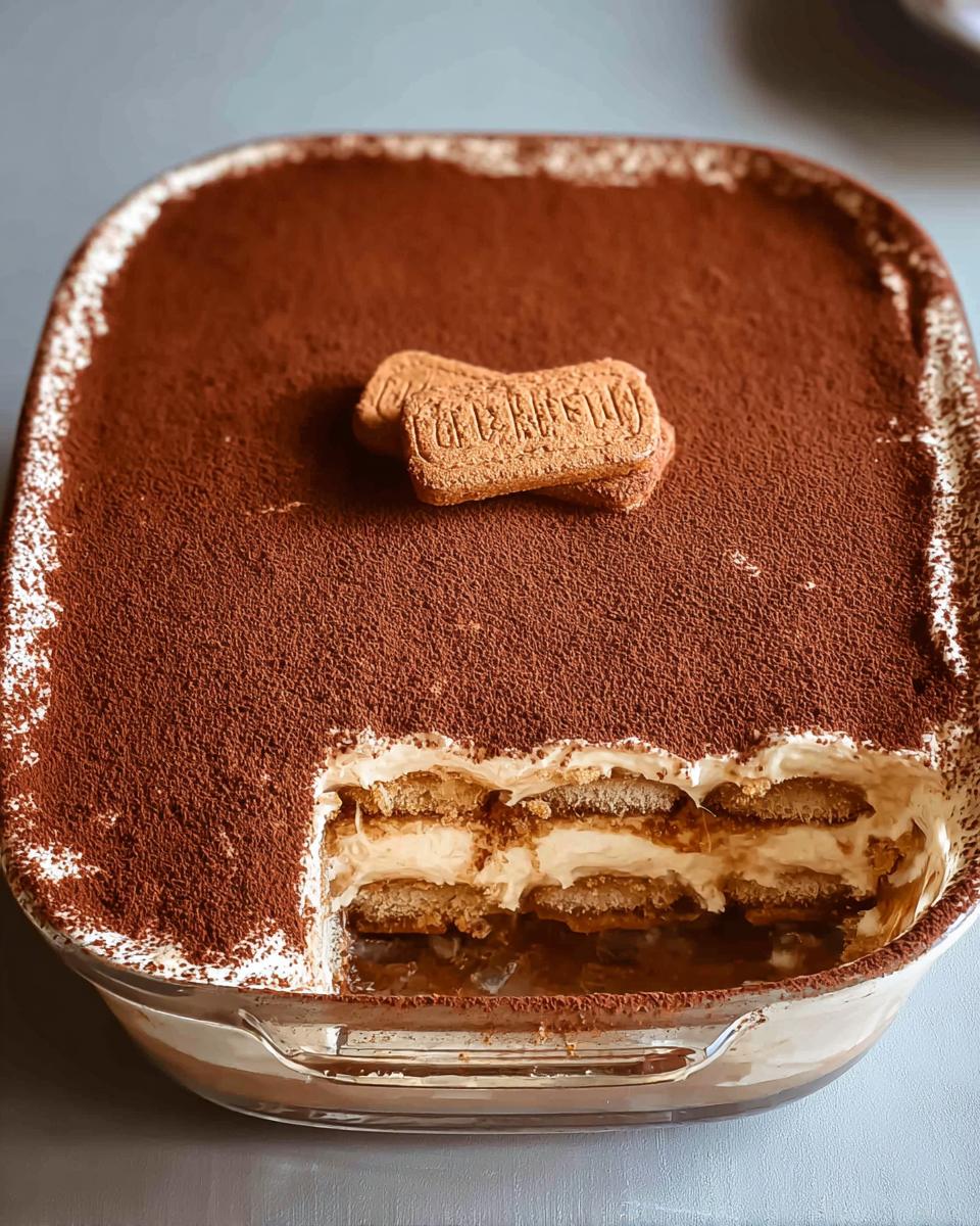 A delicious Biscoff Tiramisu in a glass dish, topped with cocoa powder and Biscoff cookies, with a slice removed to show layers.