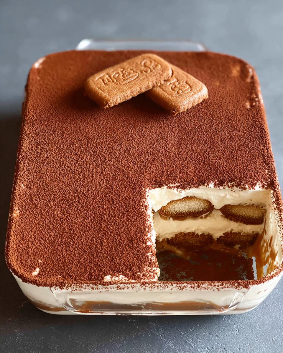A Biscoff Tiramisu dessert in a glass dish, topped with cocoa powder and two Biscoff cookies.