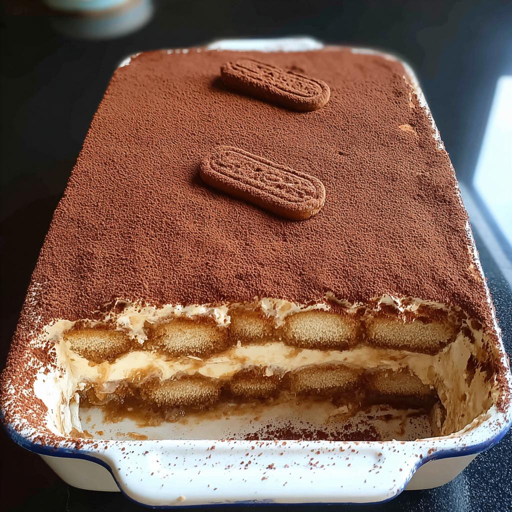 A rectangular Biscoff Tiramisu dessert in a white dish, topped with cocoa powder and two Biscoff cookies.