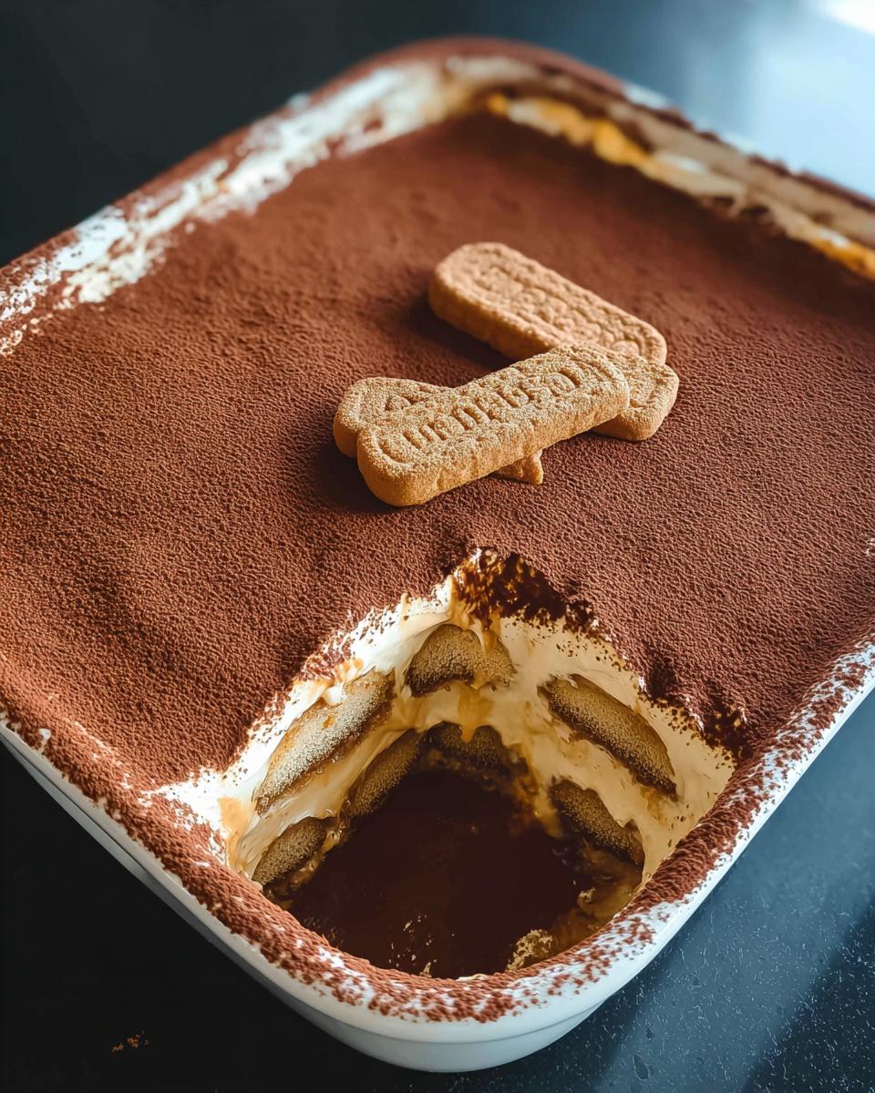 A Biscoff Tiramisu dessert in a white dish, dusted with cocoa powder and topped with two Biscoff cookies.