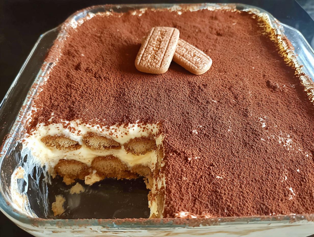 A delicious Biscoff Tiramisu in a glass dish, topped with cocoa powder and two Biscoff cookies.