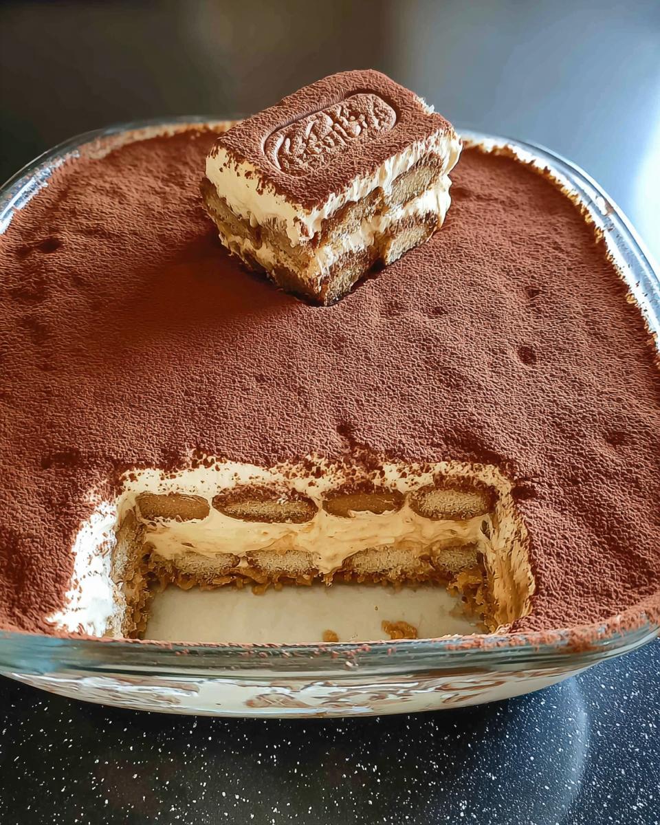 A slice of Biscoff Tiramisu topped with a Biscoff cookie, showing layers of cream and biscuits.