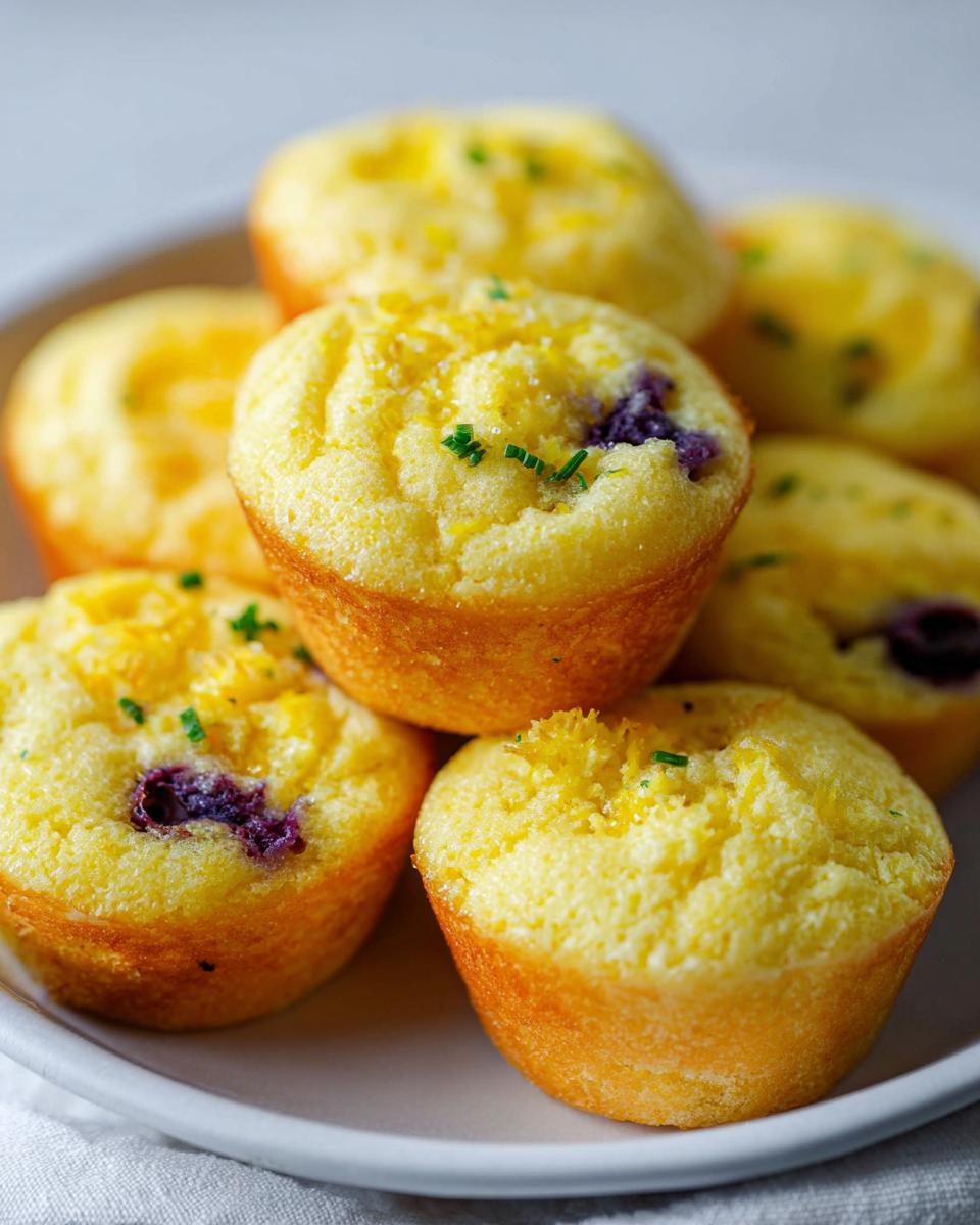 A close-up of freshly baked Blueberry and Lemon Zest Cottage Cheese Bites, topped with lemon zest and chives.