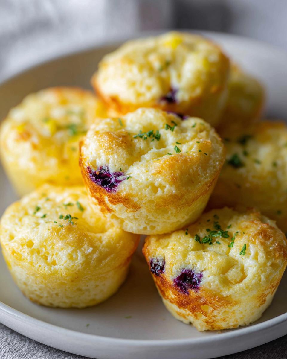A close-up of a stack of golden-brown Blueberry and Lemon Zest Cottage Cheese Bites, garnished with fresh parsley.