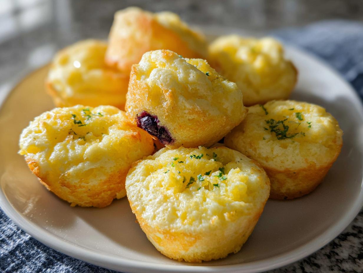 A pile of golden-brown Blueberry and Lemon Zest Cottage Cheese Bites sprinkled with herbs on a white plate.
