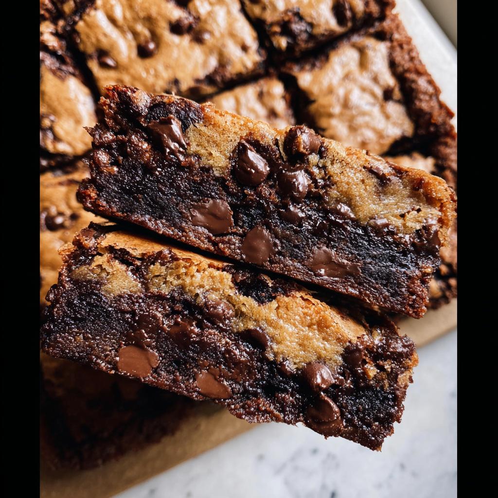 Close-up of two Brown Butter Brookies stacked, showing layers of rich chocolate brownie and chewy cookie dough with abundant chocolate chips.