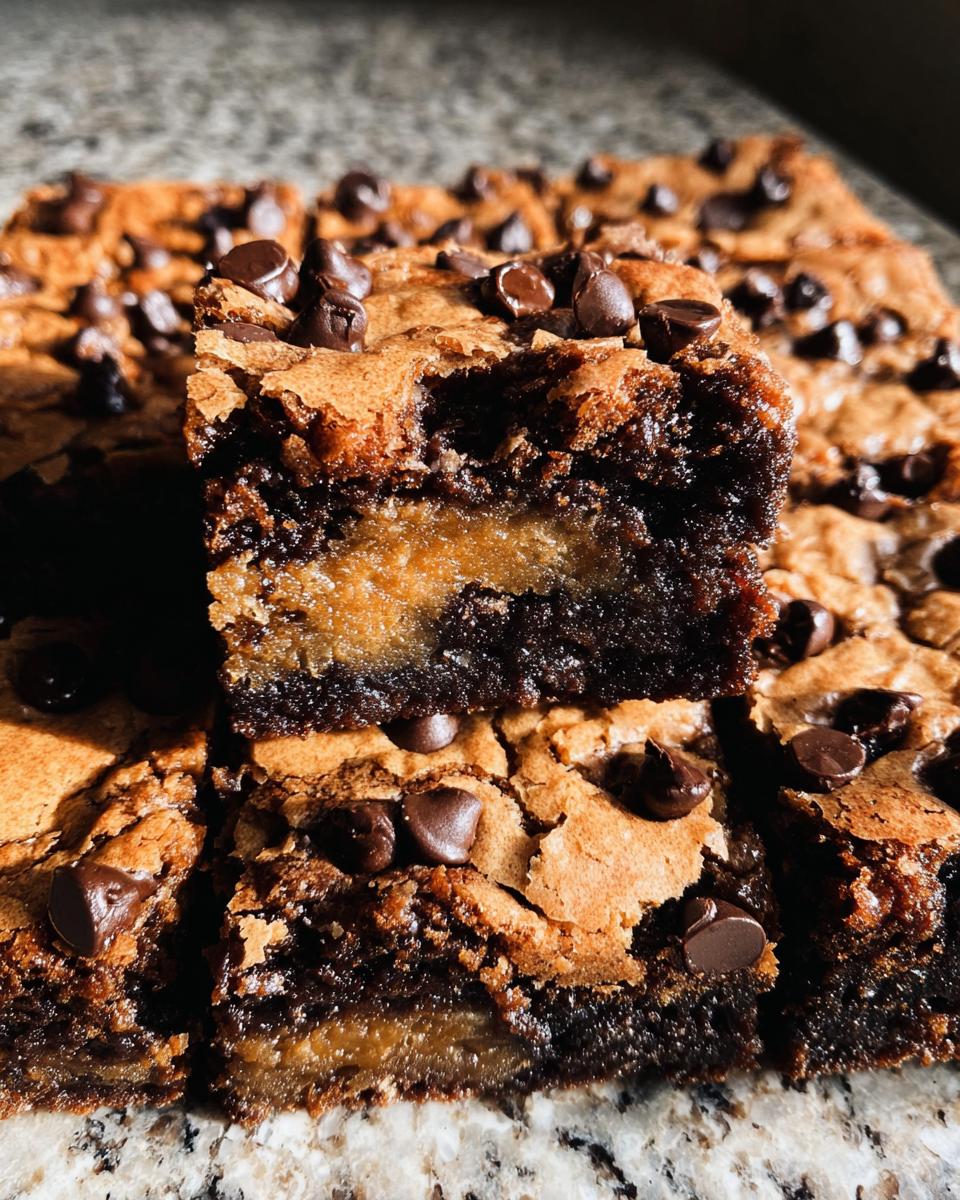 A close-up of a stacked Brown Butter Brookie, showing the rich chocolate brownie layer and gooey caramel-like center, topped with chocolate chips.