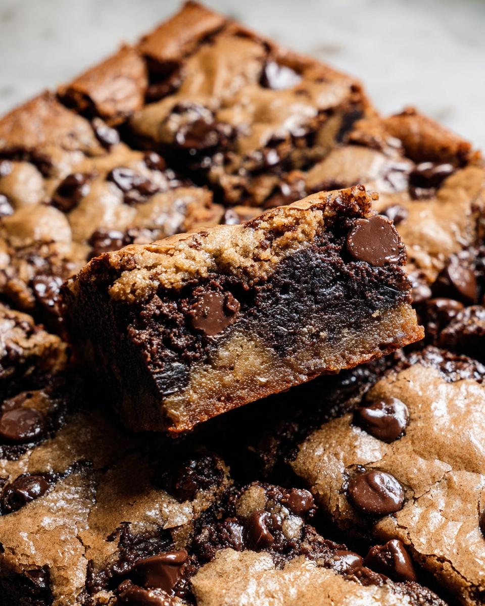 A close-up shot of a rich, fudgy brownie layer topped with a chewy chocolate chip cookie layer, showcasing the delicious combination of Brown Butter Brookies.