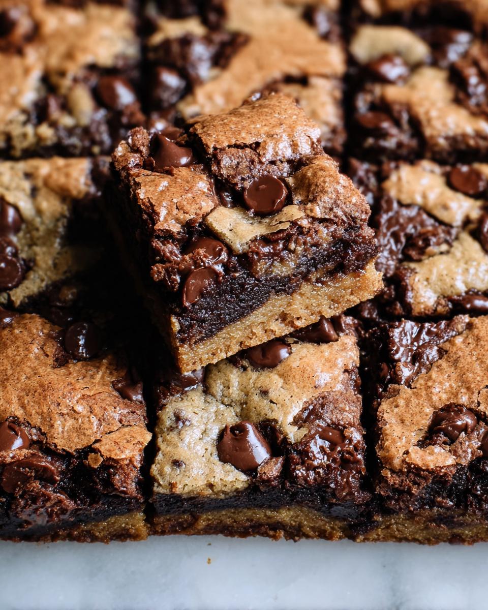 Close-up of rich Brown Butter Brookies, a decadent combination of brownie and cookie, studded with chocolate chips.