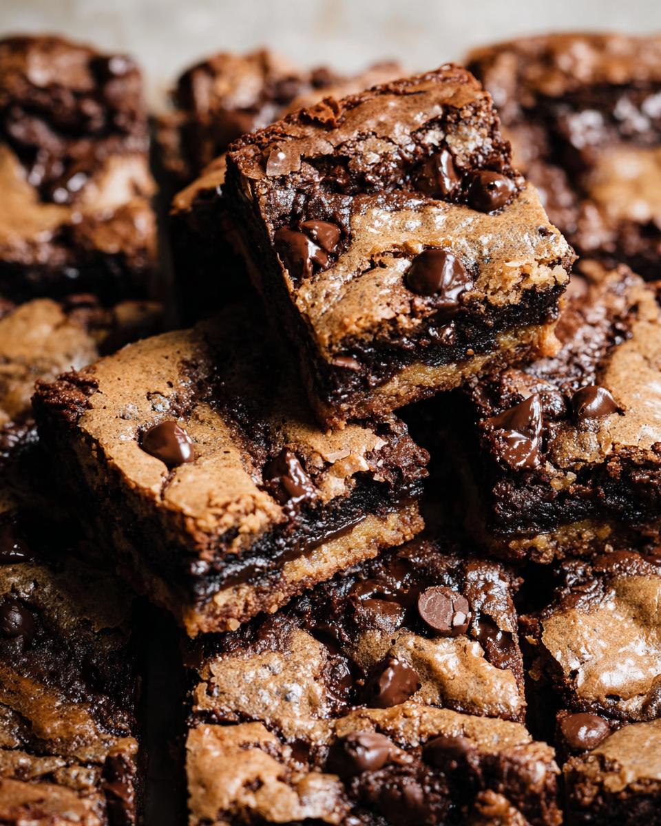 Close-up of stacked Brown Butter Brookies, showcasing layers of brownie and cookie with melted chocolate chips.