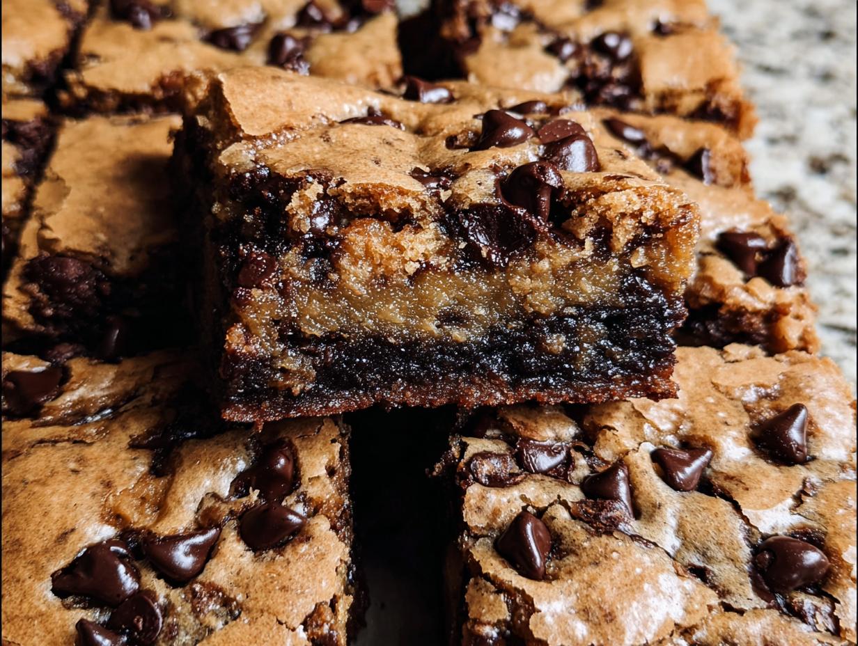 Close-up of a stack of rich Brown Butter Brookies, showcasing the layers of chocolate and cookie dough with abundant chocolate chips.