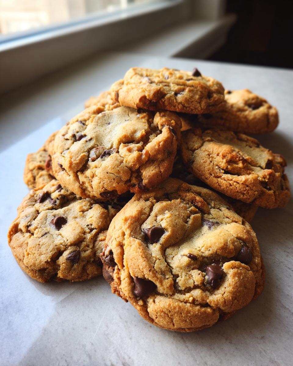 A pile of freshly baked brown butter cookies with chocolate chips, showcasing their chewy texture.