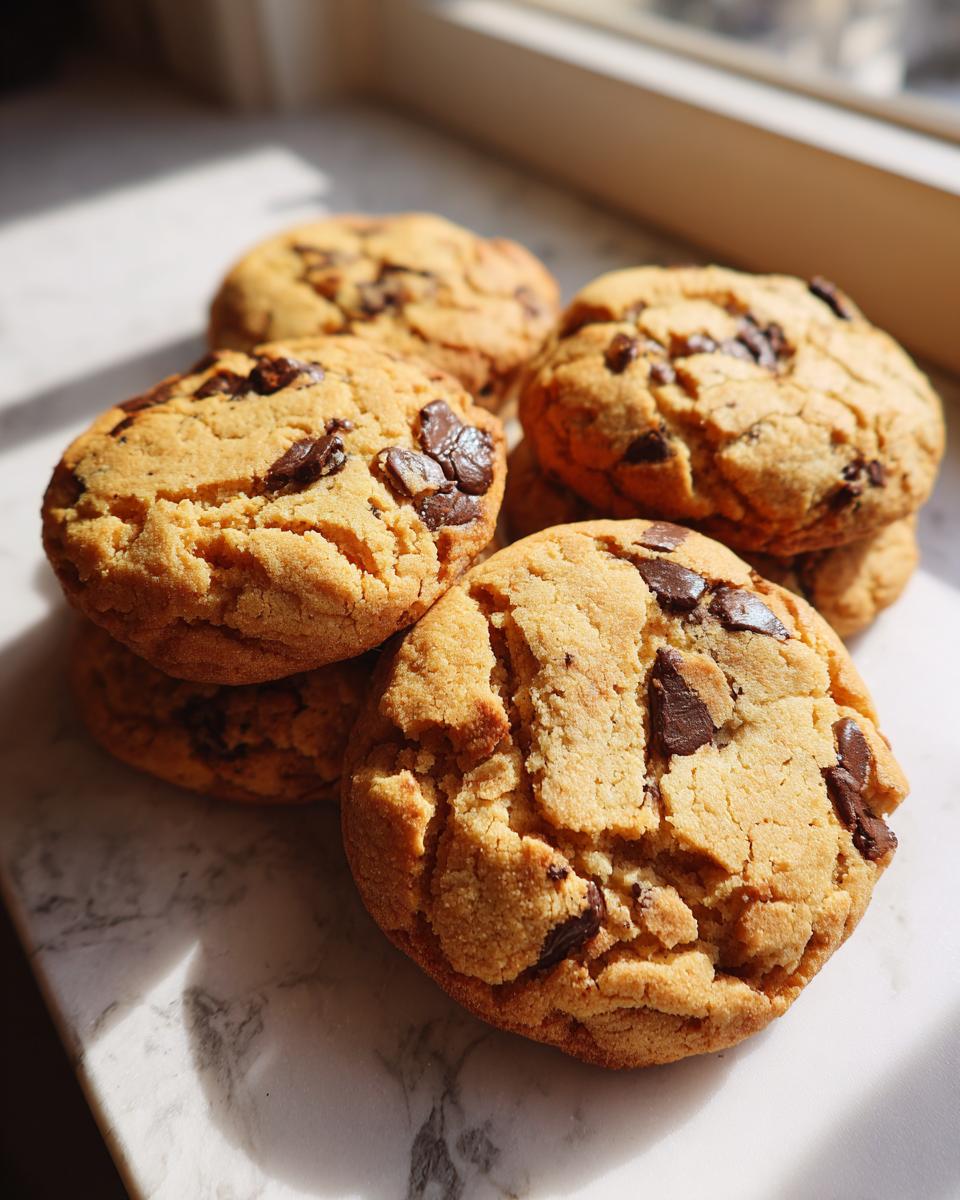 A stack of freshly baked brown butter chocolate chip cookies, showcasing their bakery-fresh appearance.
