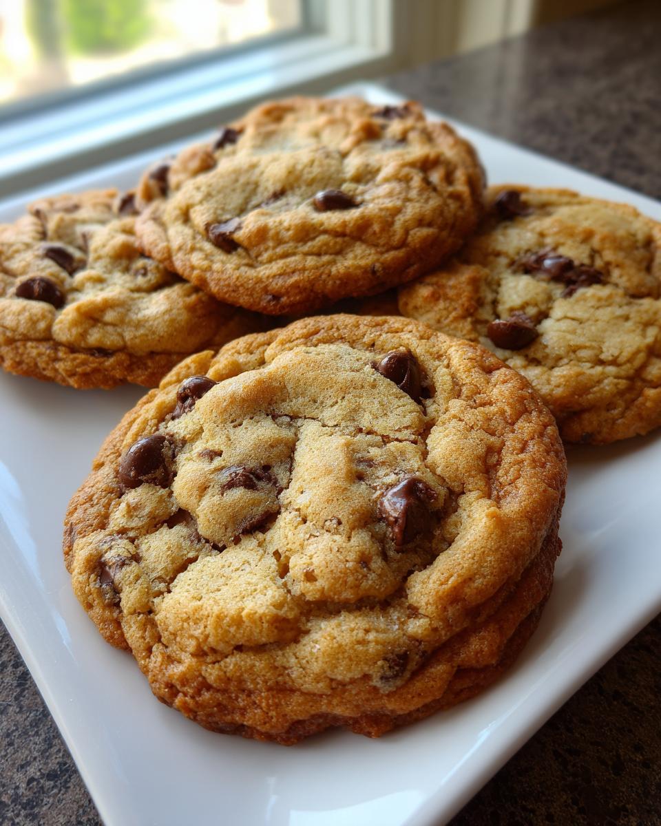 A stack of freshly baked brown butter chocolate chip cookies on a white plate, showcasing their golden-brown color and chocolate chunks.