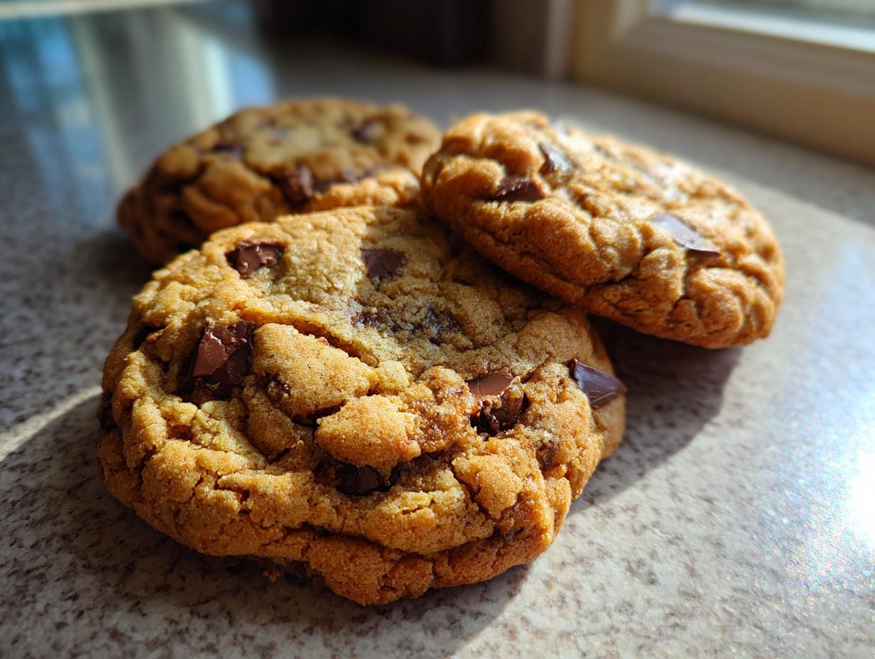 Close-up of freshly baked brown butter cookies with melty chocolate chips, making them taste bakery fresh.