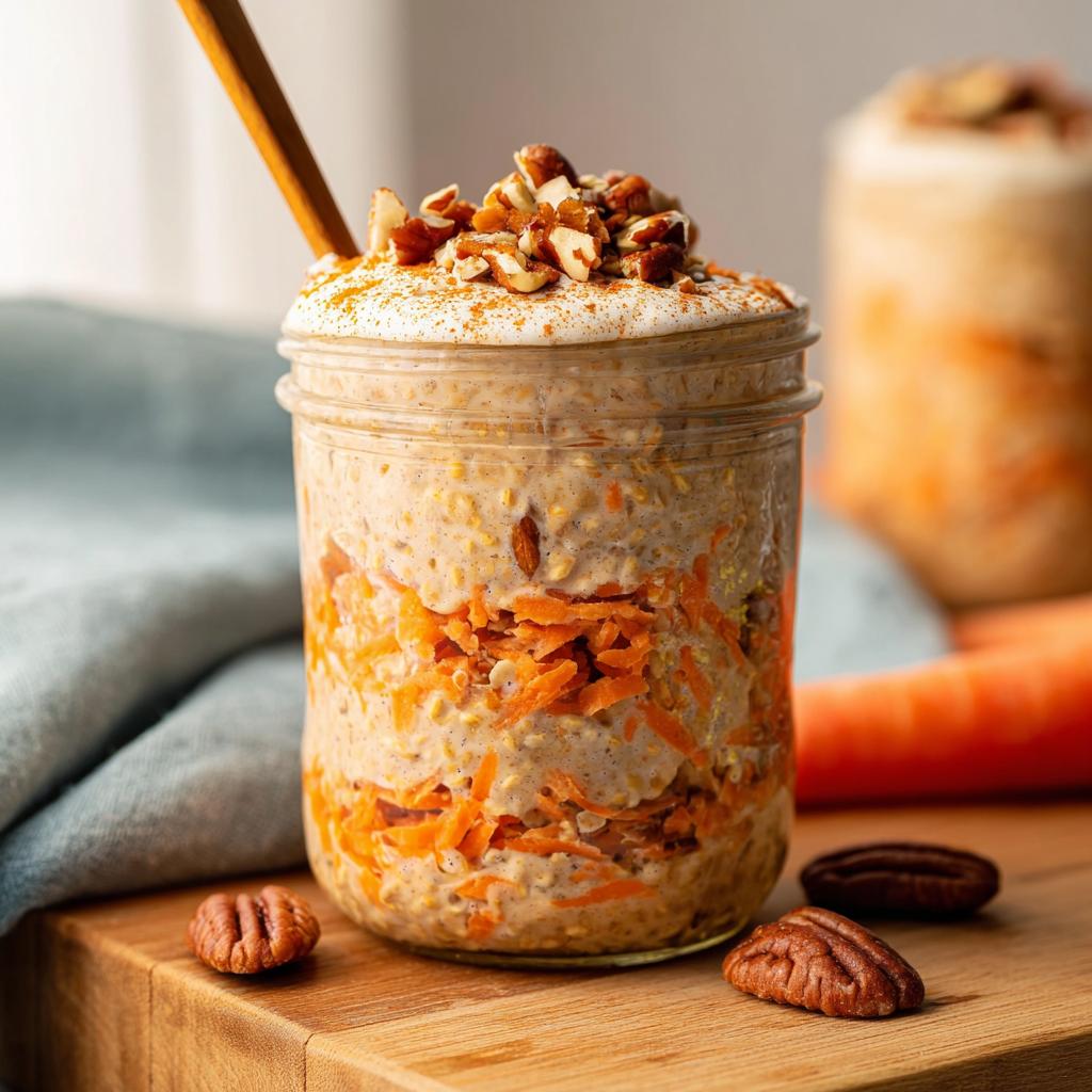 A jar filled with Carrot Cake Overnight Oats, topped with whipped cream, nuts, and cinnamon.