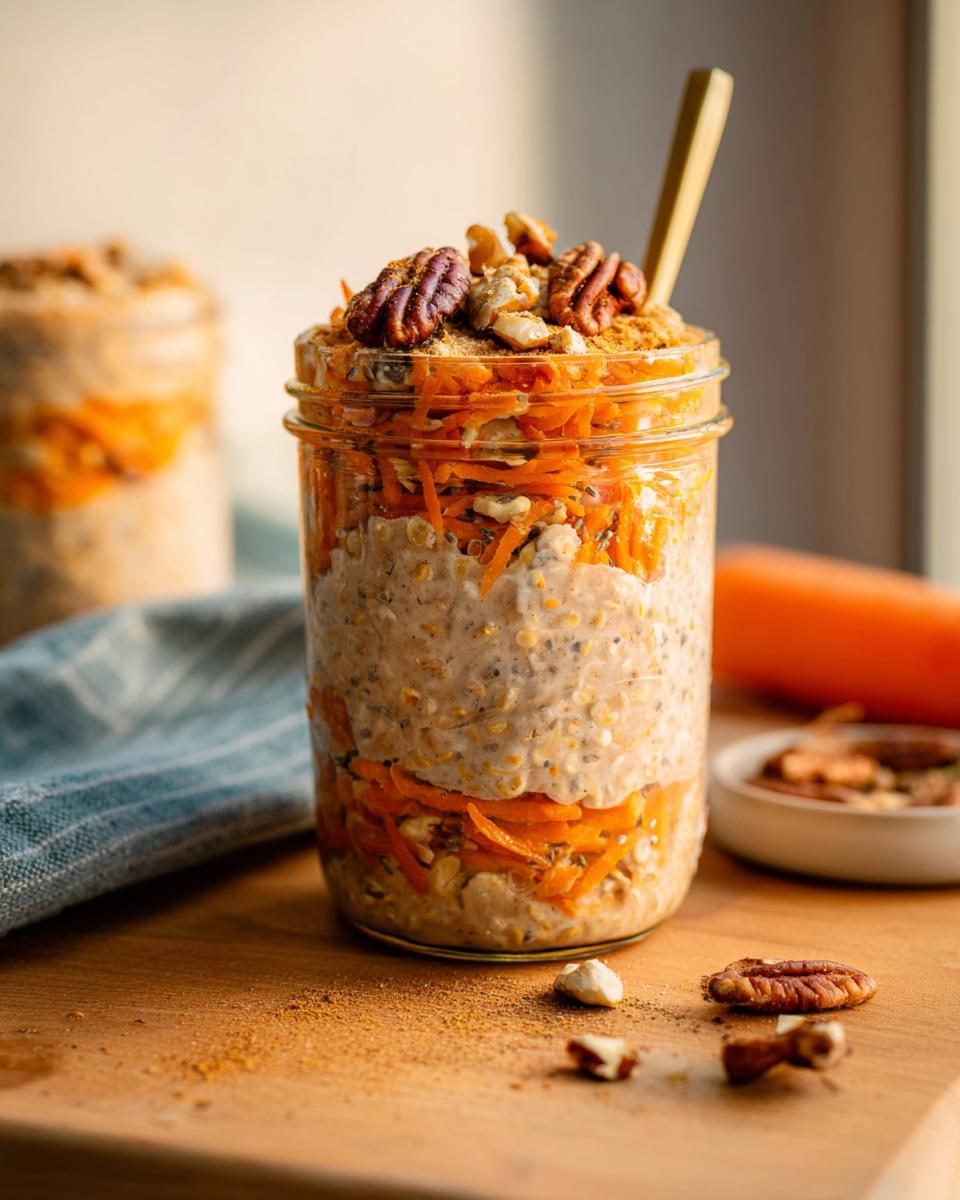 A close-up of Carrot Cake Overnight Oats layered in a glass jar, topped with shredded carrots, pecans, and a sprinkle of cinnamon.