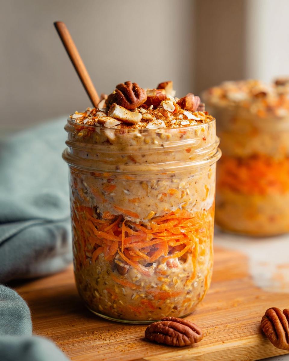 Close-up of Carrot Cake Overnight Oats in a mason jar, topped with nuts and spices, with shredded carrots layered inside.