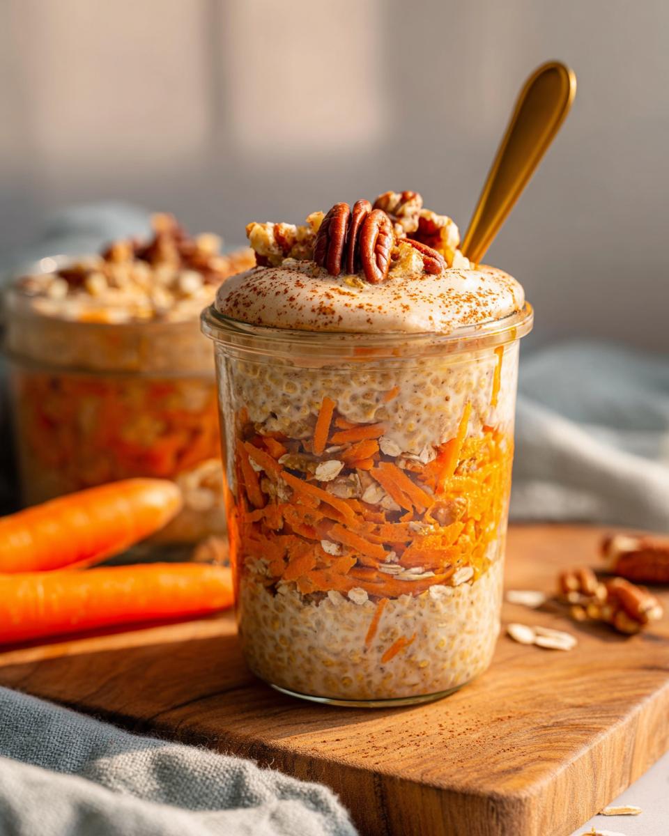 A close-up of Carrot Cake Overnight Oats layered in a glass jar, topped with cream, walnuts, and a sprinkle of cinnamon.