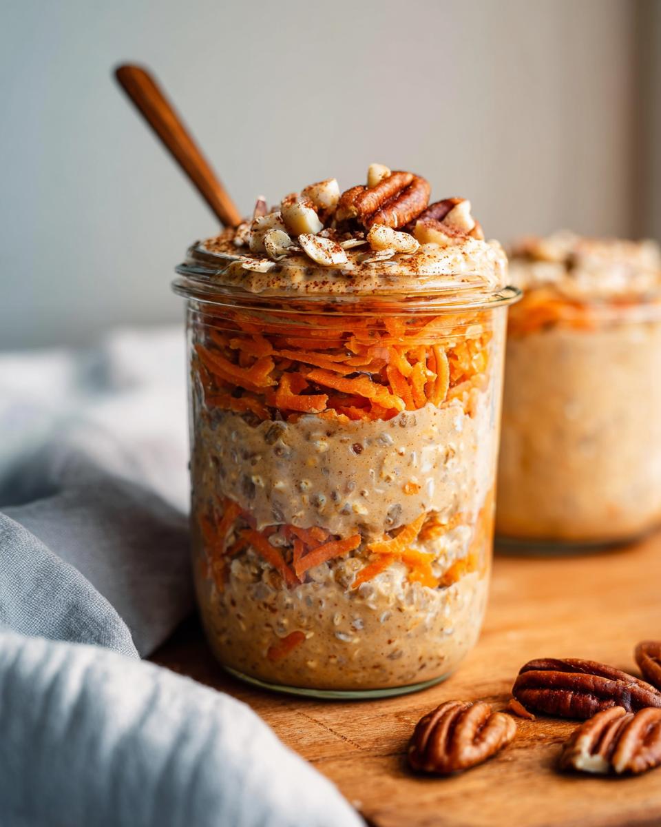 A close-up of Carrot Cake Overnight Oats layered in a glass jar, topped with pecans and cinnamon.