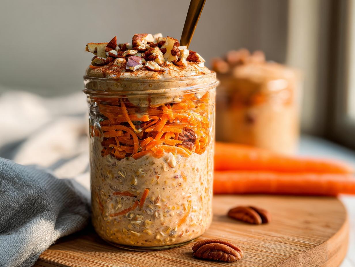 A close-up of Carrot Cake Overnight Oats in a mason jar, topped with shredded carrots and nuts.