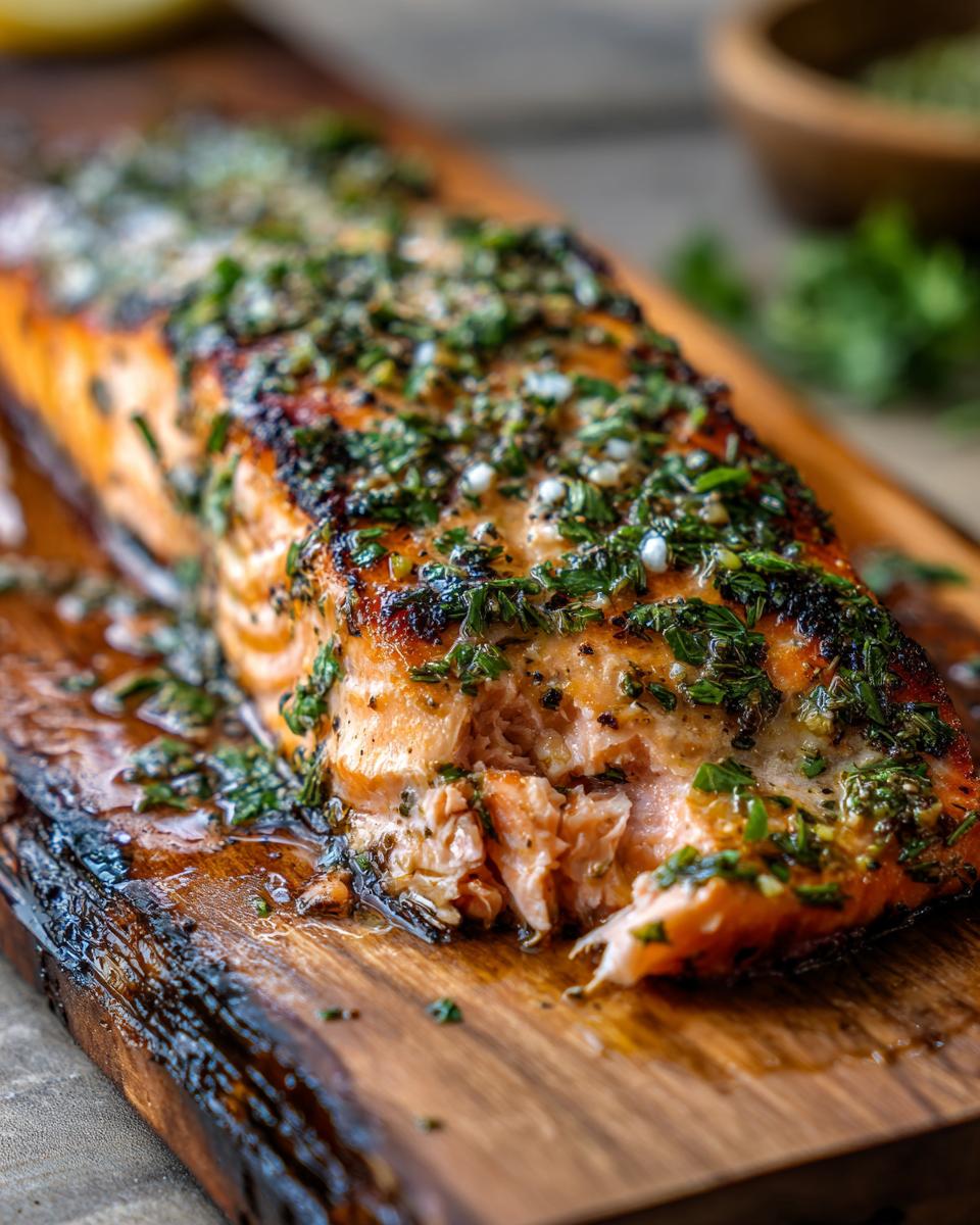 Close-up of a perfectly grilled cedar plank salmon with fresh herbs, flaky and moist.