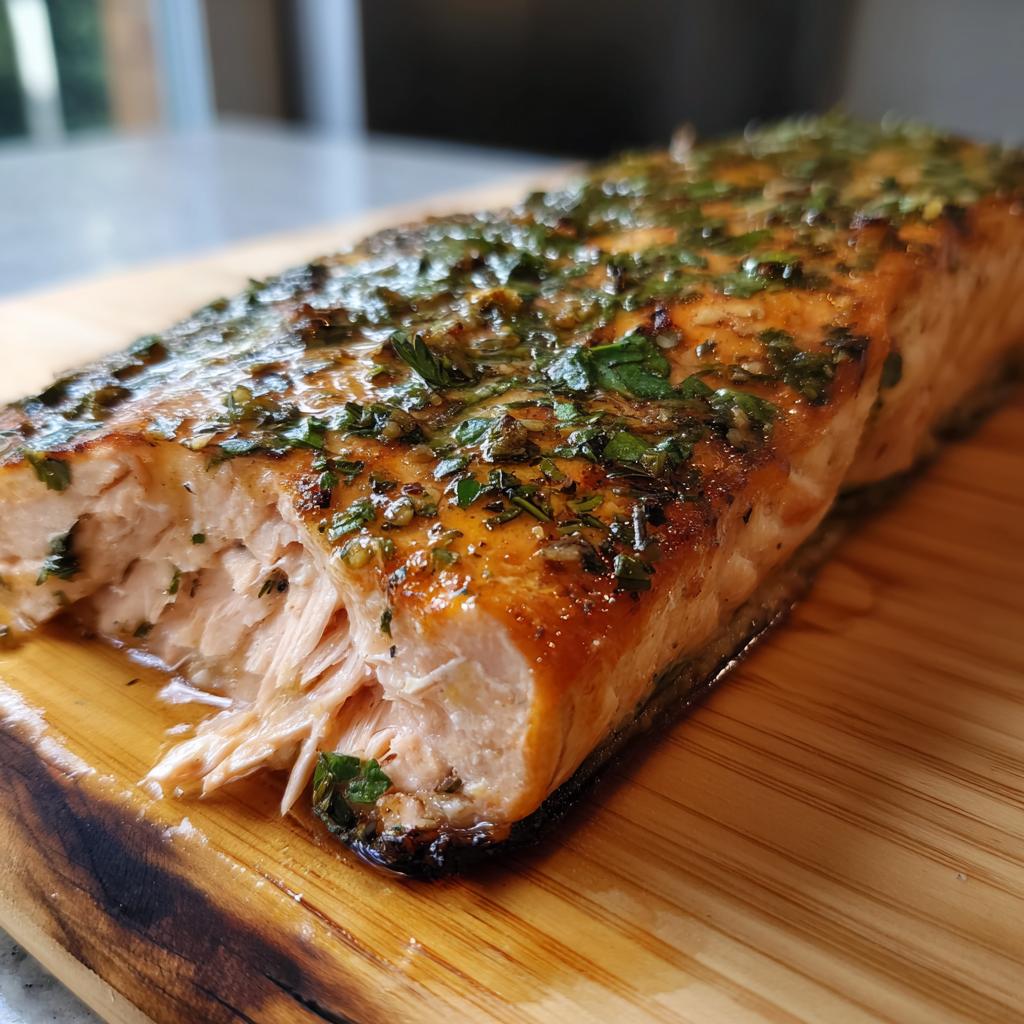 Perfectly grilled cedar plank salmon with fresh herbs, flaky and moist.