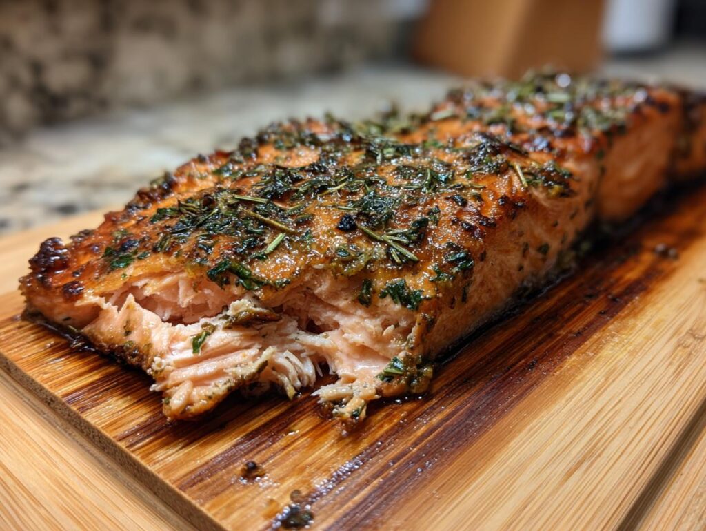 A close-up of perfectly grilled cedar plank salmon with fresh herbs, flaking apart on a wooden board.