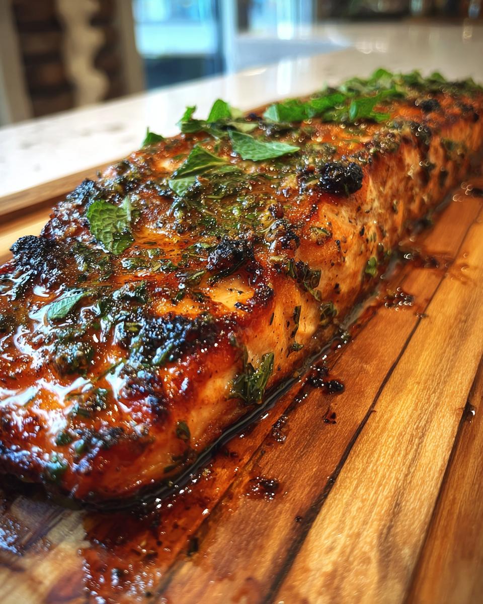 Close-up of a perfectly grilled cedar plank salmon fillet topped with fresh herbs and a glaze.