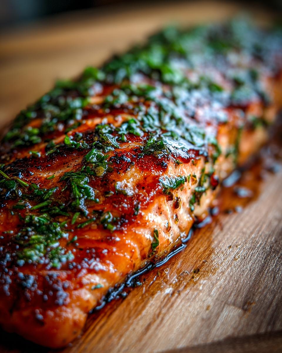Close-up of a perfectly grilled cedar plank salmon fillet topped with fresh herbs.